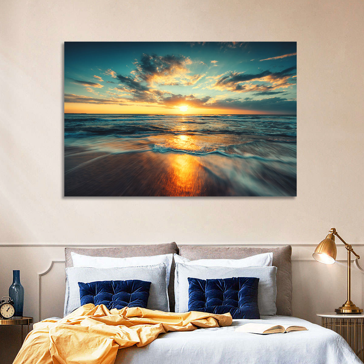 Sunlit Cloudscape Over Beach Wall Art in a room, landscape