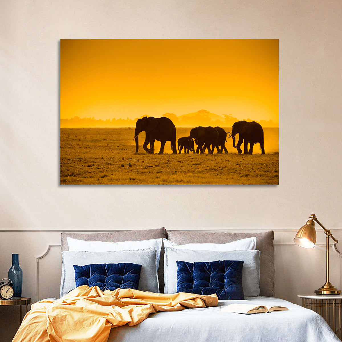 Elephant Family Silhouette Wall Art in a room, landscape