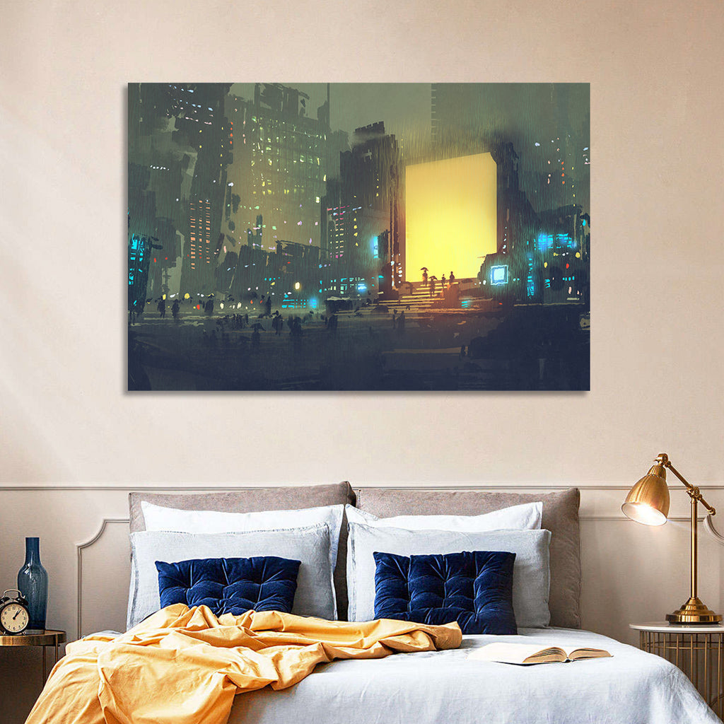 Rainy Night City with Glowing Portal Wall Art