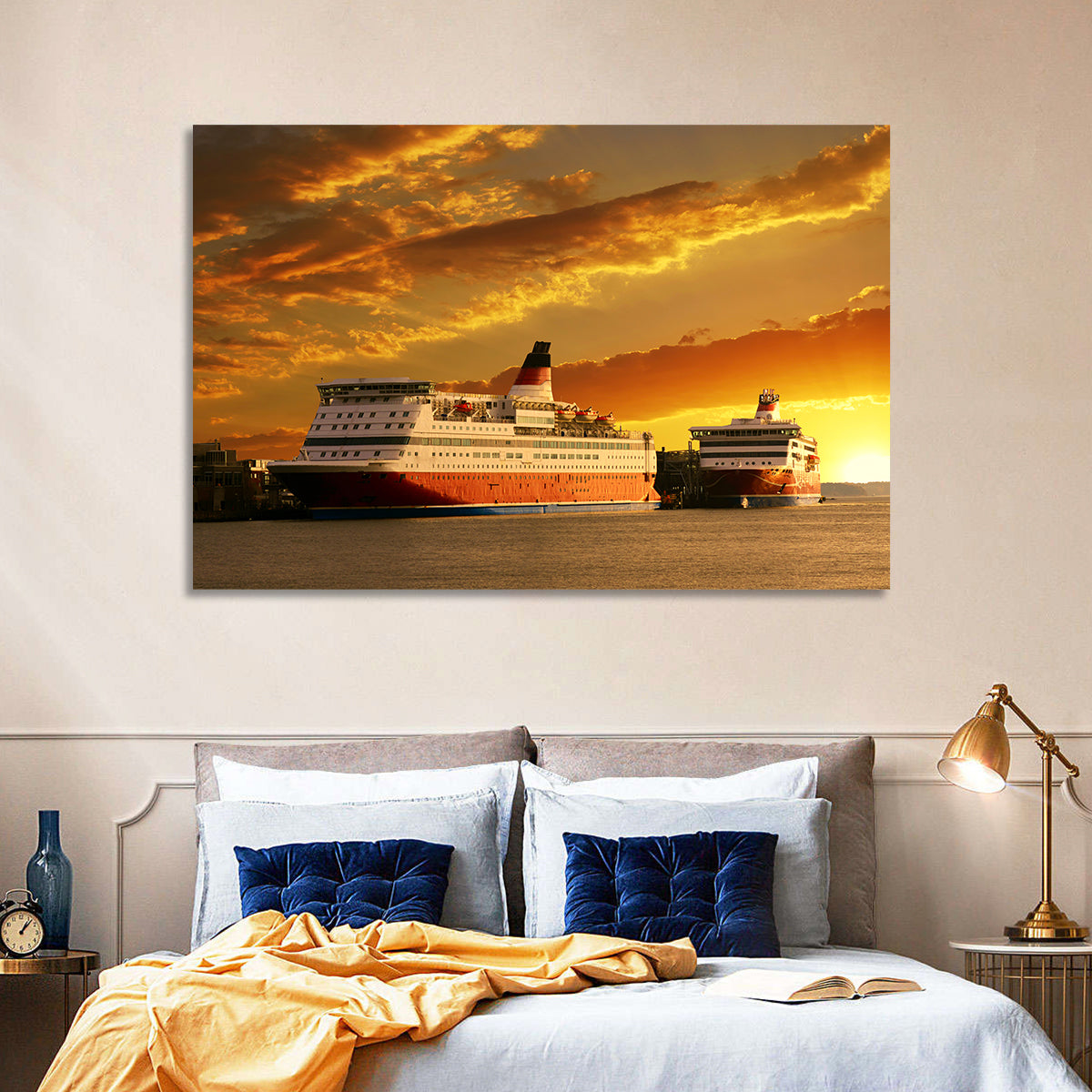 Red-hulled Cruise Ships at Dusk Wall Art in a room, landscape