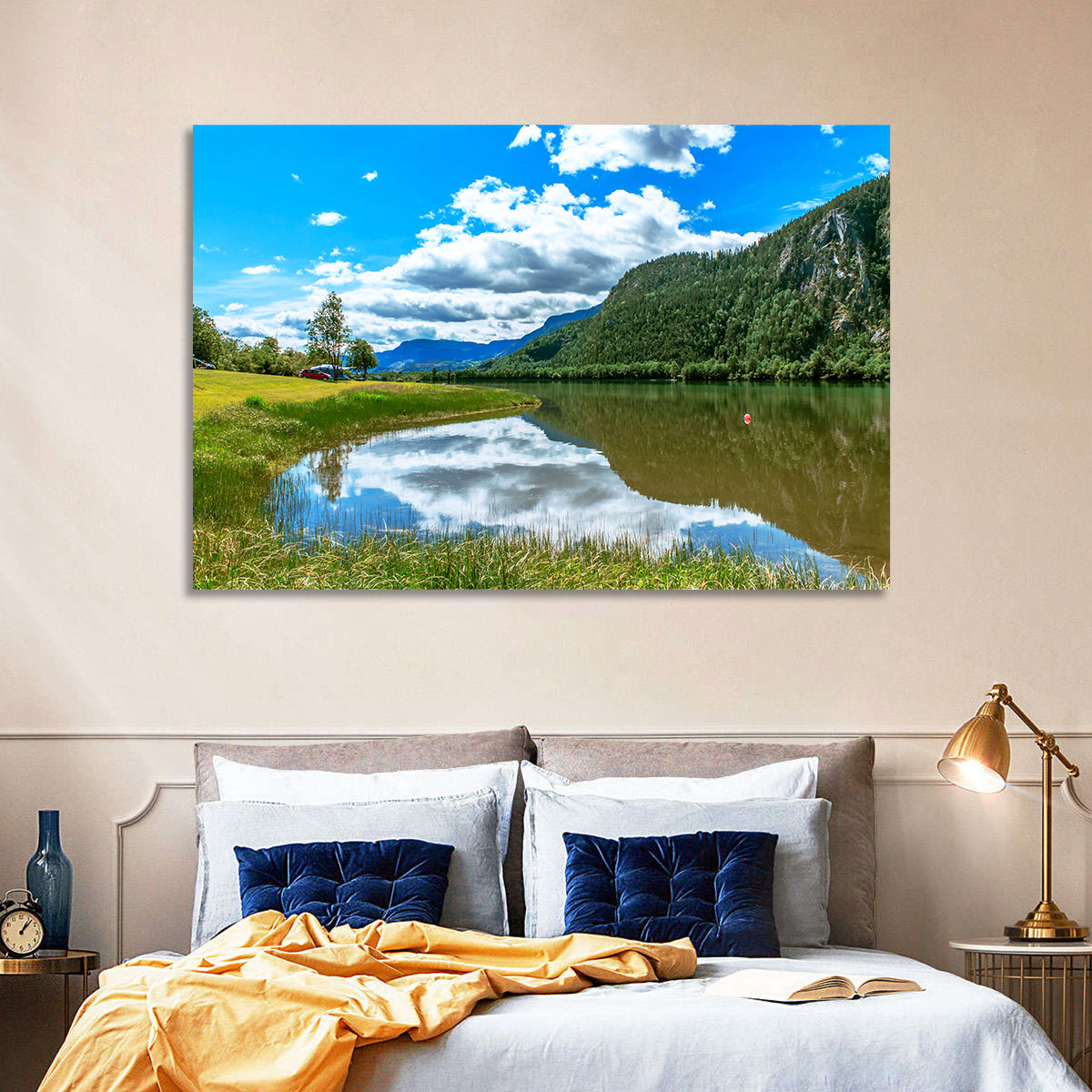 Lake Mjosa Reflection Wall Art in a room, landscape