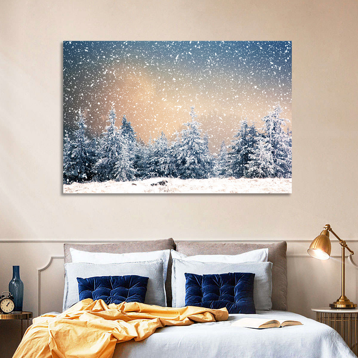 Winter Forest Wonderland Wall Art in a room, landscape