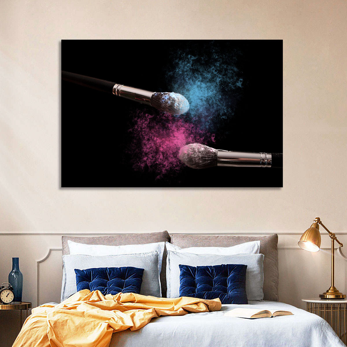 Powder Burst Makeup Brushes Wall Art in a room, landscape
