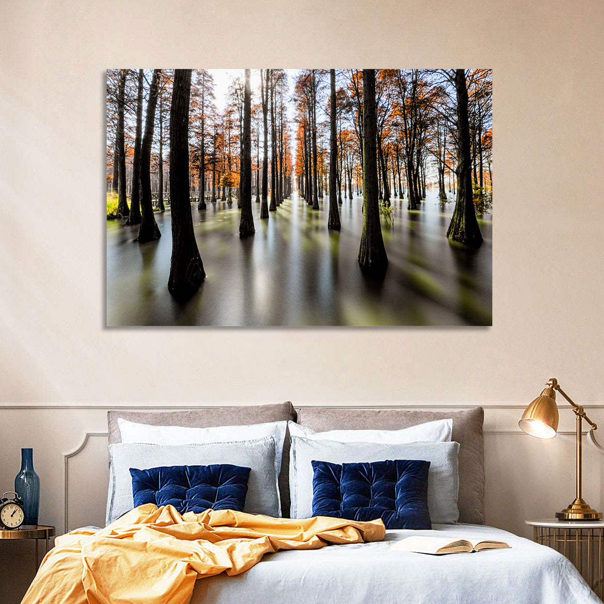 Autumn Flooded Cypress Forest Wall Art in a room, landscape