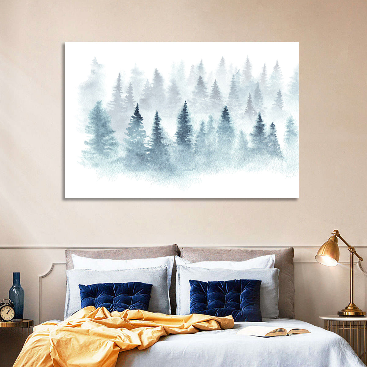 Misty Pine Forest Watercolor Wall Art in a room, landscape