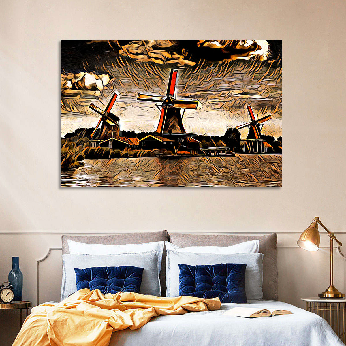 Retro Windmills at Sunset Wall Art in a room, landscape