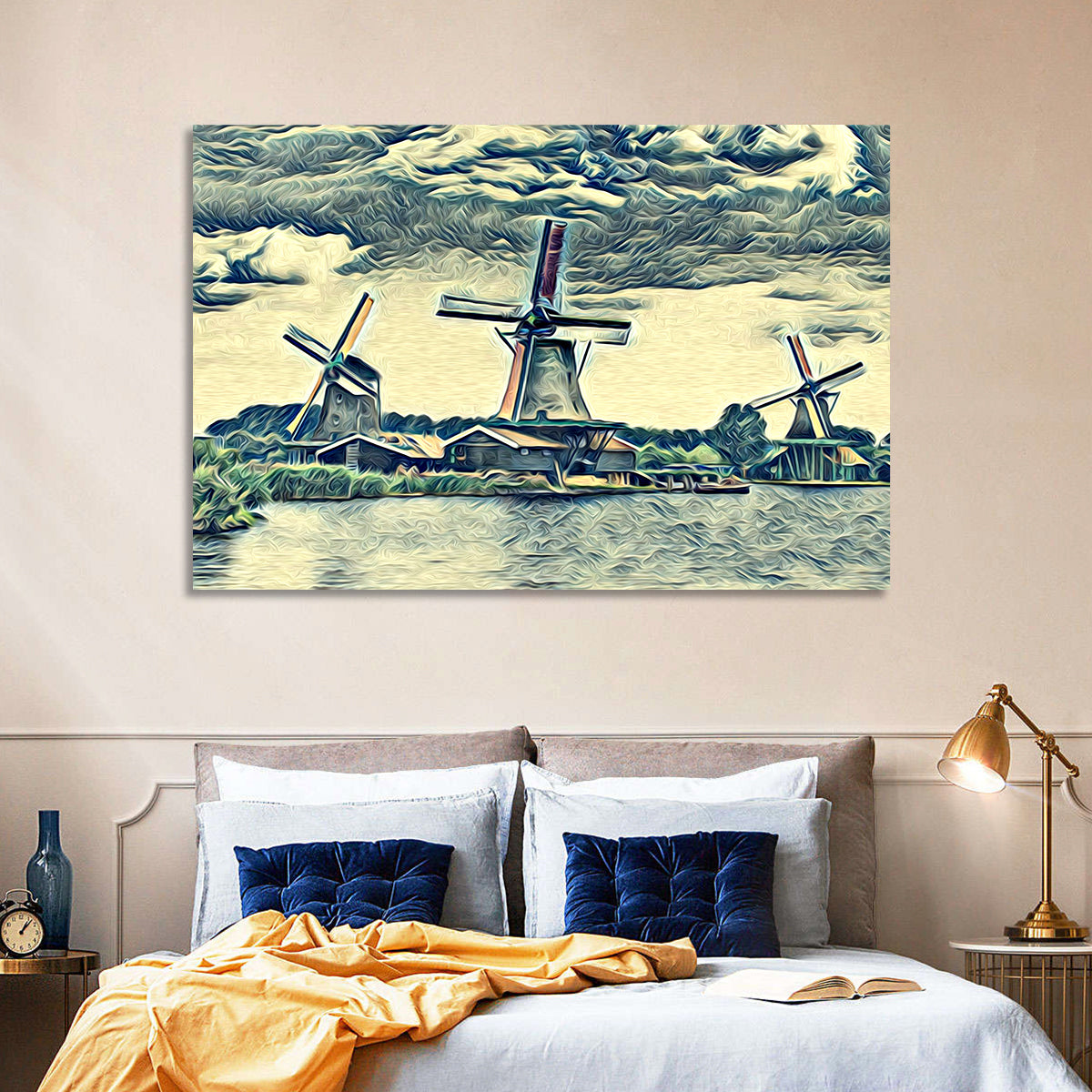 Three Vintage Windmills Wall Art in a room, landscape