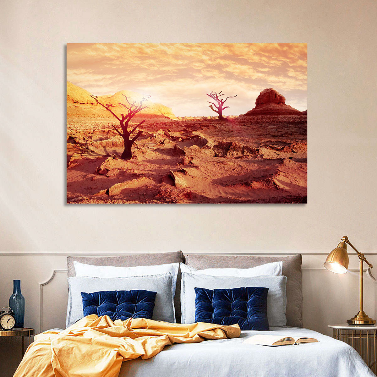 Gnarled Trees at Desert Sunset Wall Art in a room, landscape