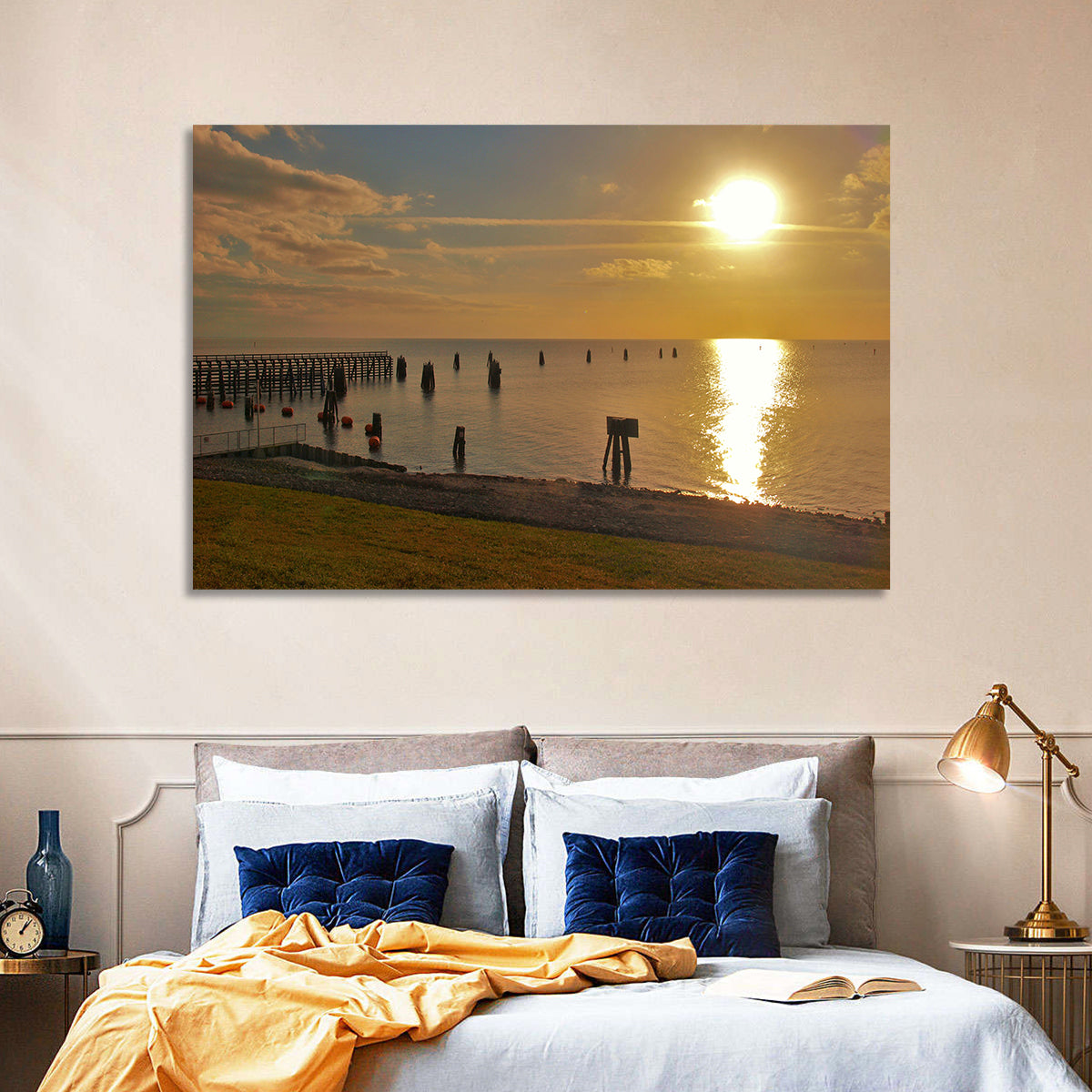 Lake Okeechobee Sunset Pier Wall Art in a room, landscape