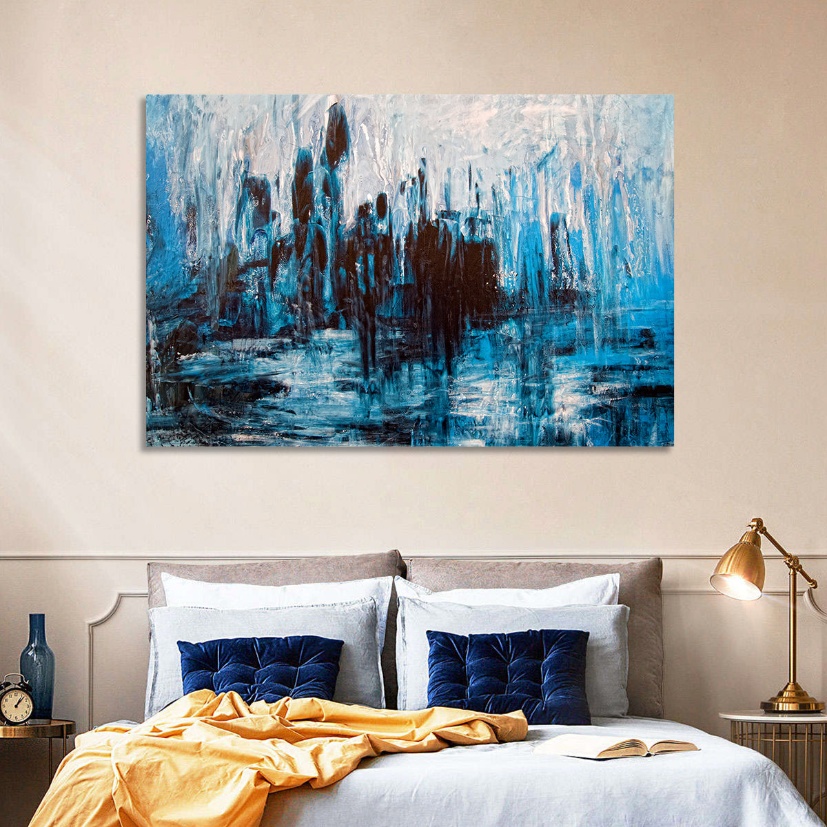 Rainy Abstract Skyline Reflection Wall Art in a room, landscape