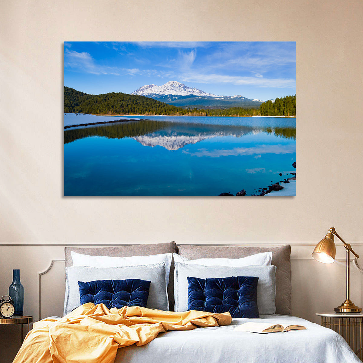 California Mountain Lake Reflection Wall Art in a room, landscape