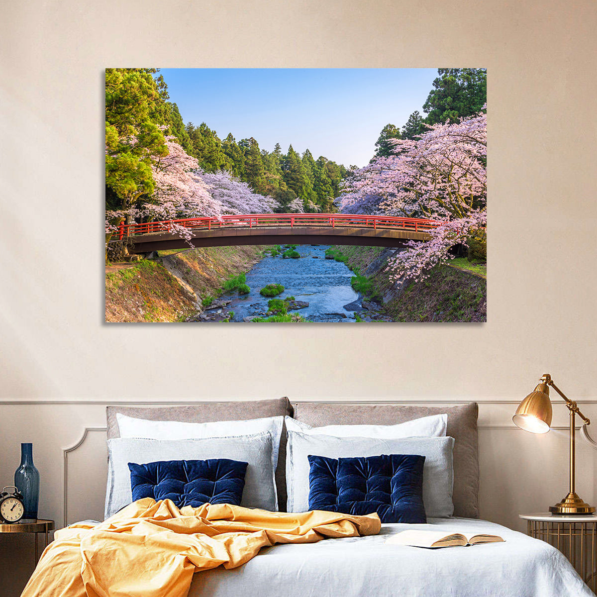 Arched Red Bridge with Cherry Blossoms Wall Art in a room, landscape