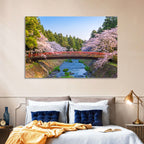 Arched Red Bridge with Cherry Blossoms Wall Art