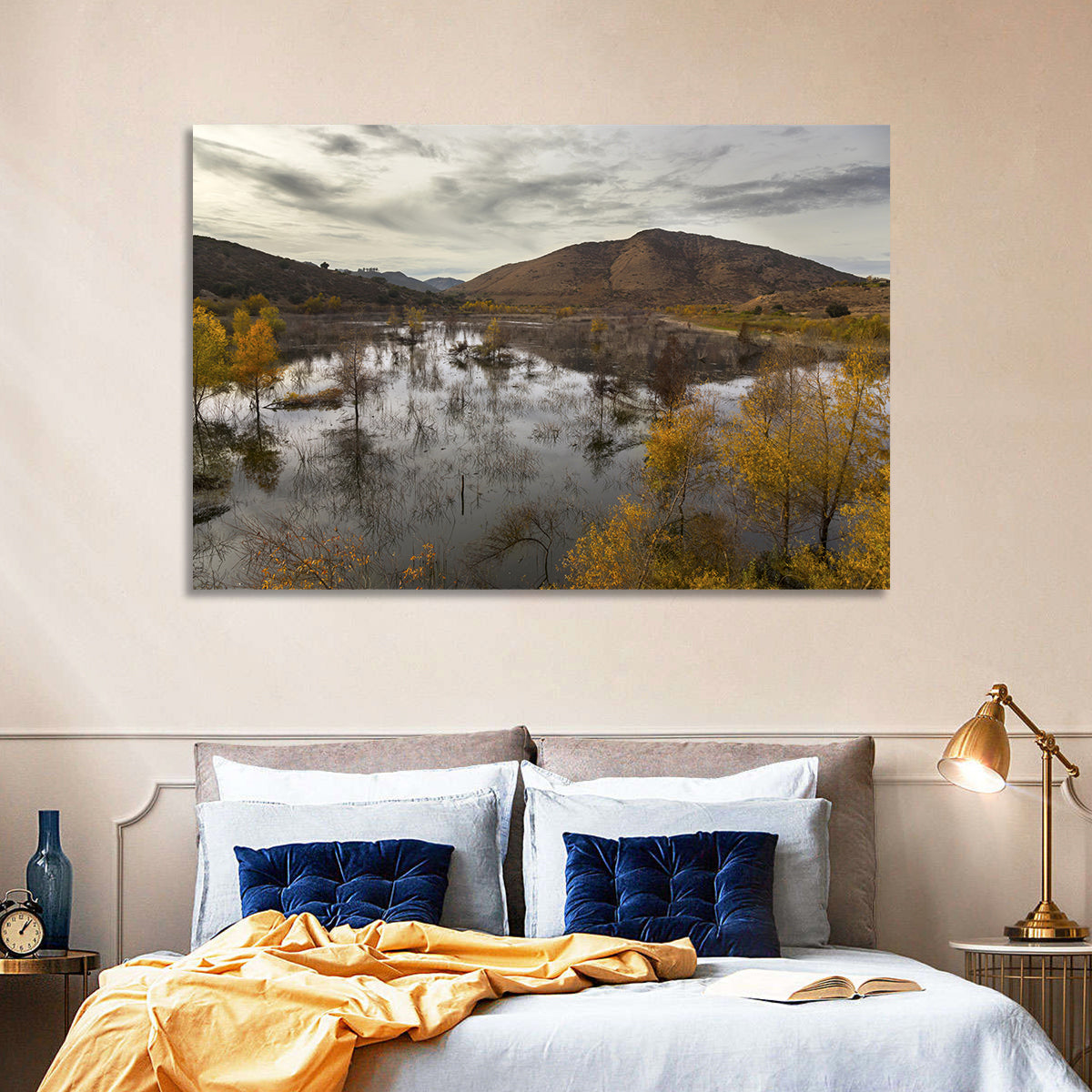 Lake Hodges Autumn Reflection Wall Art in a room, landscape
