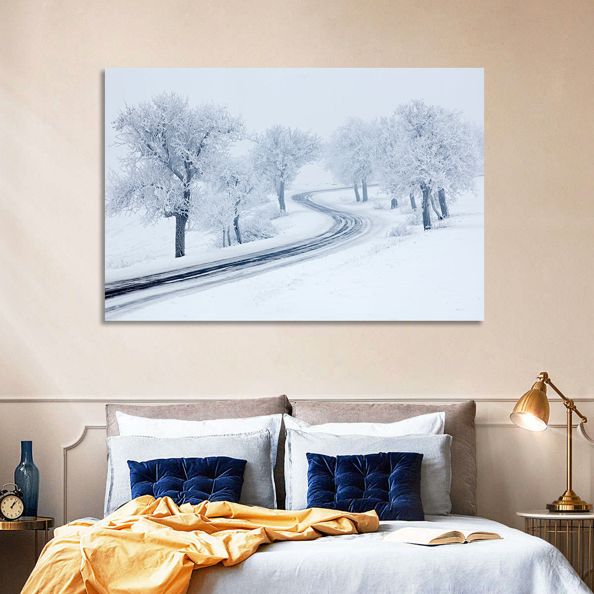 Misty Winter S-curve Road Wall Art in a room, landscape