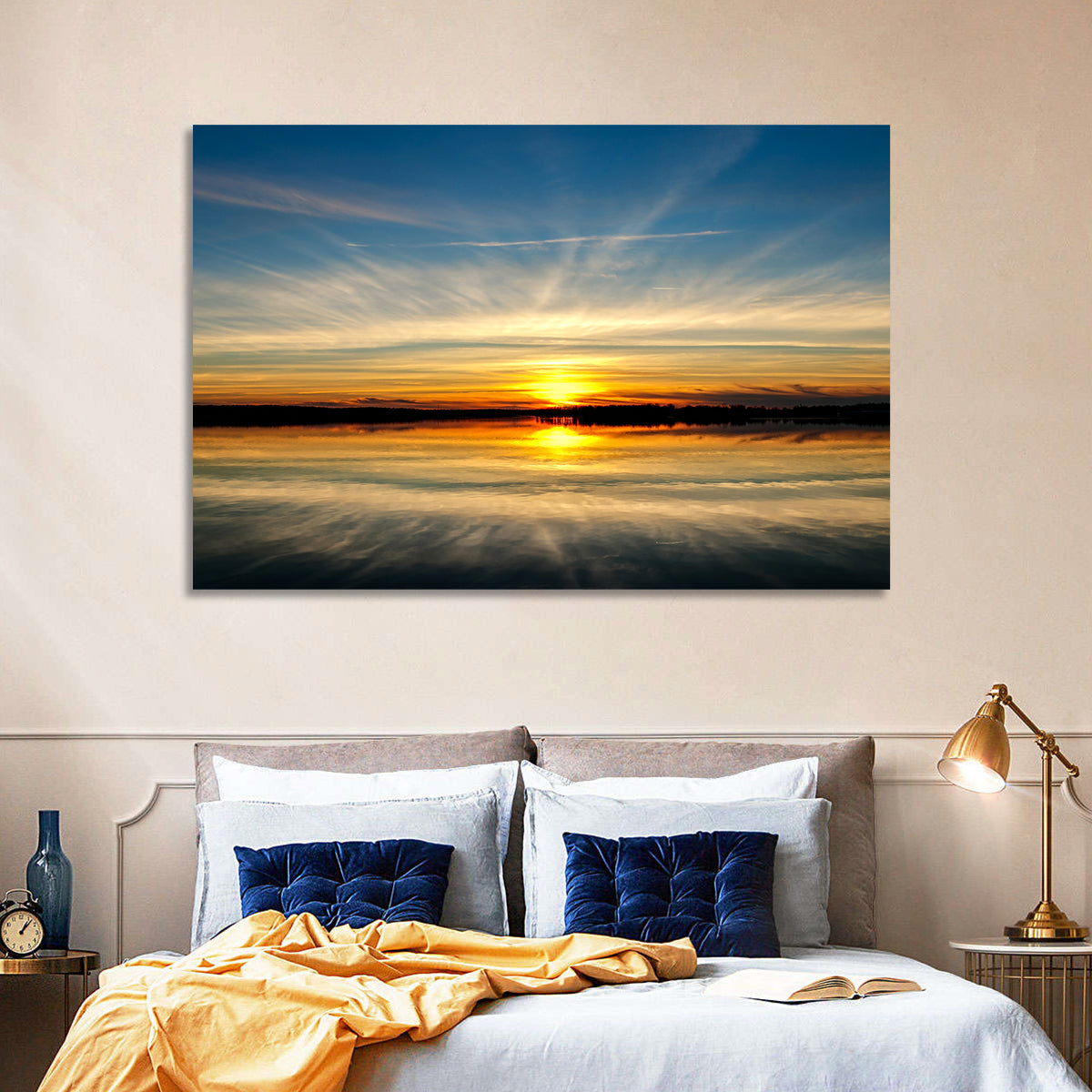 Oklahoma Lake Sunset Reflection Wall Art in a room, landscape