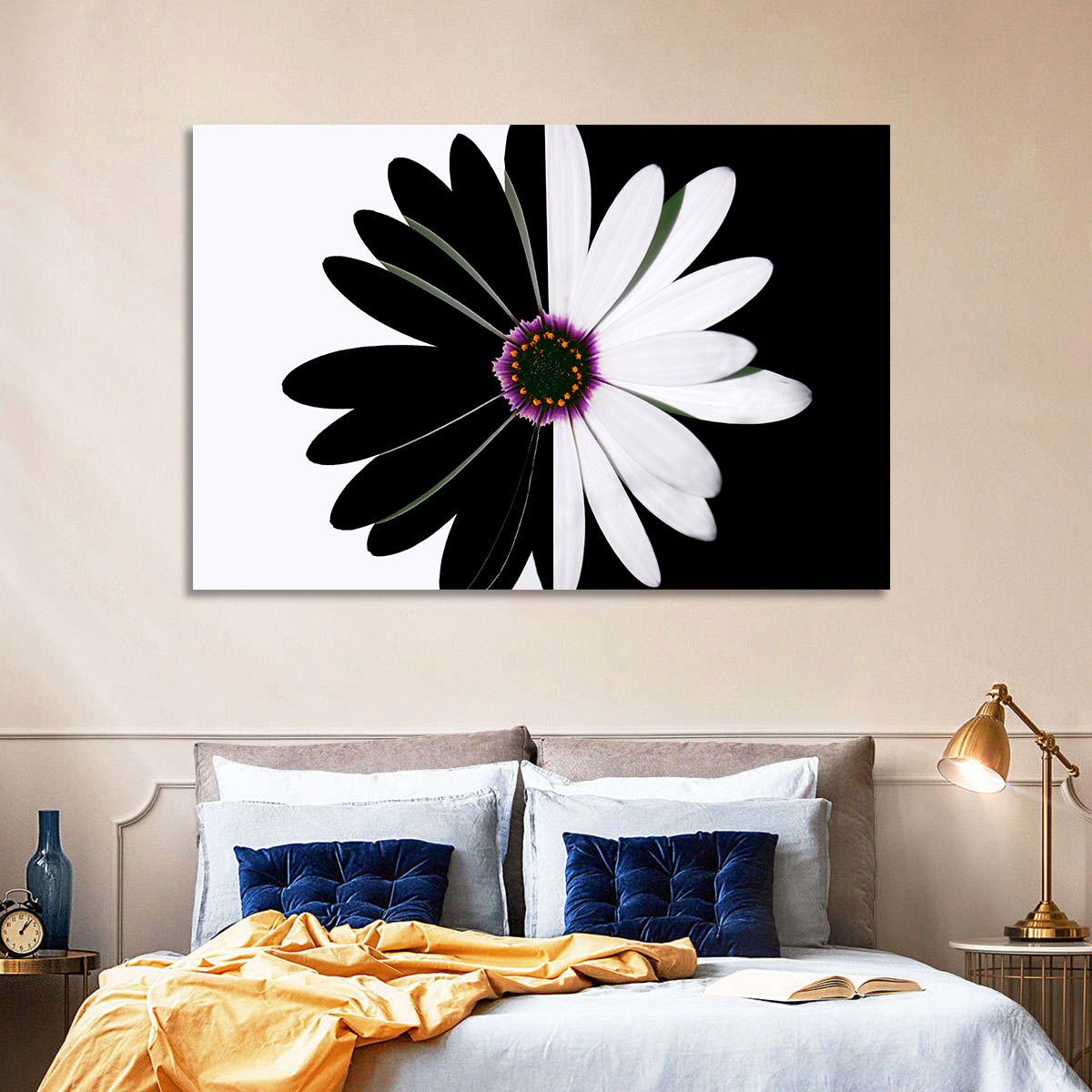 Black and White Daisy with Purple Ring Wall Art in a room, landscape