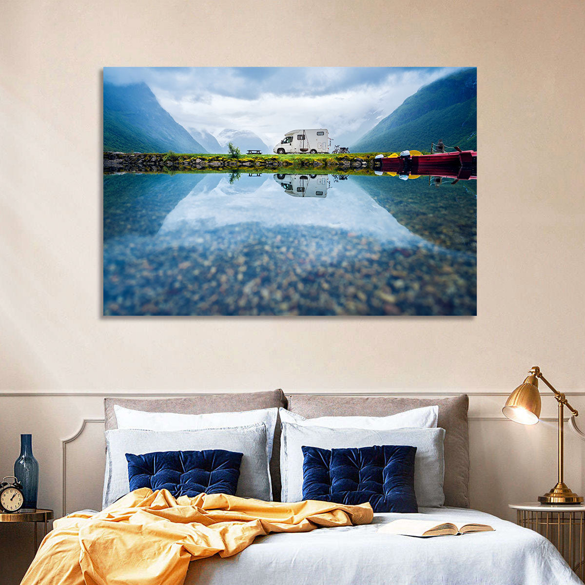 Motorhome by Mountain Lake Wall Art in a room, landscape