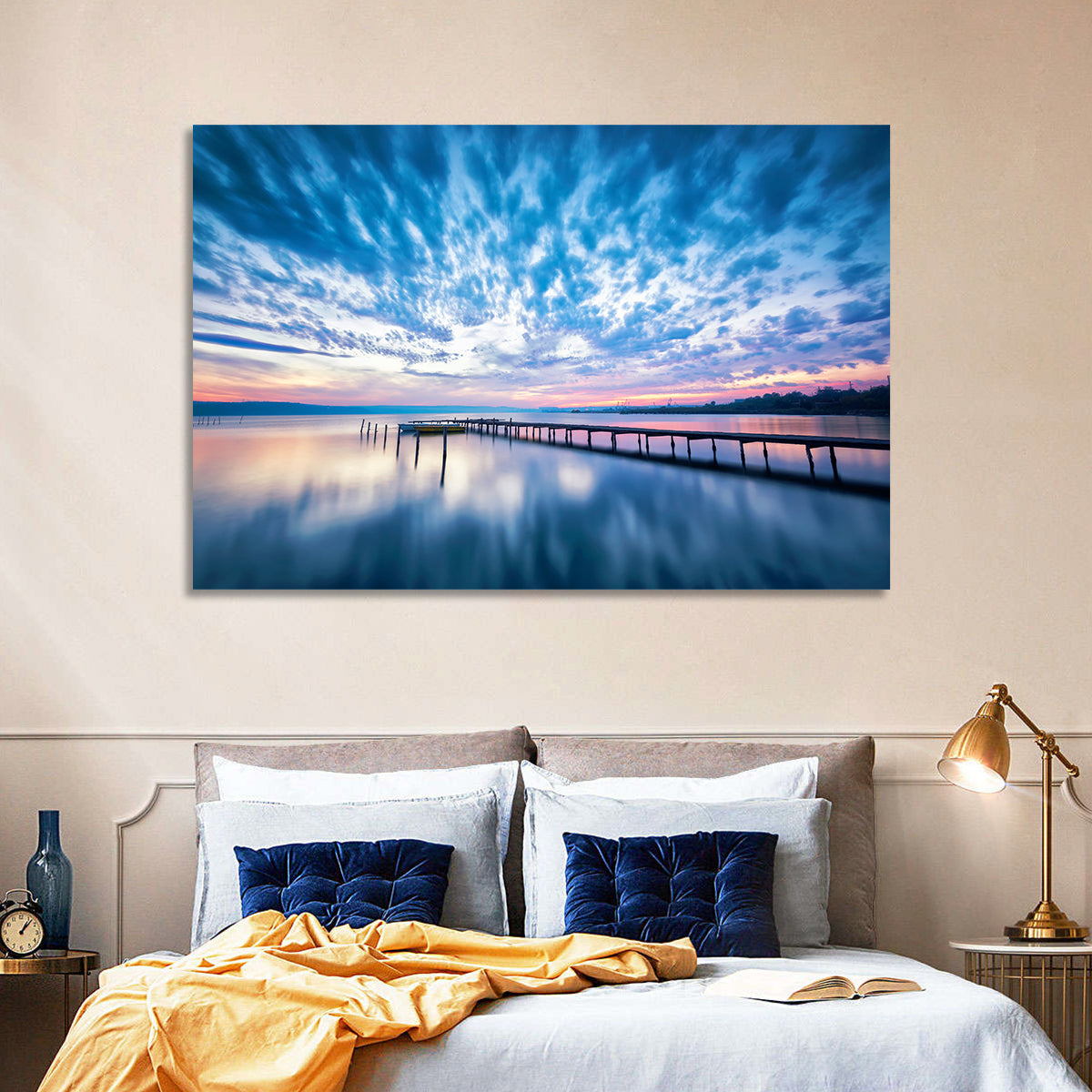 Cloudy Lake Pier at Dusk Wall Art in a room, landscape