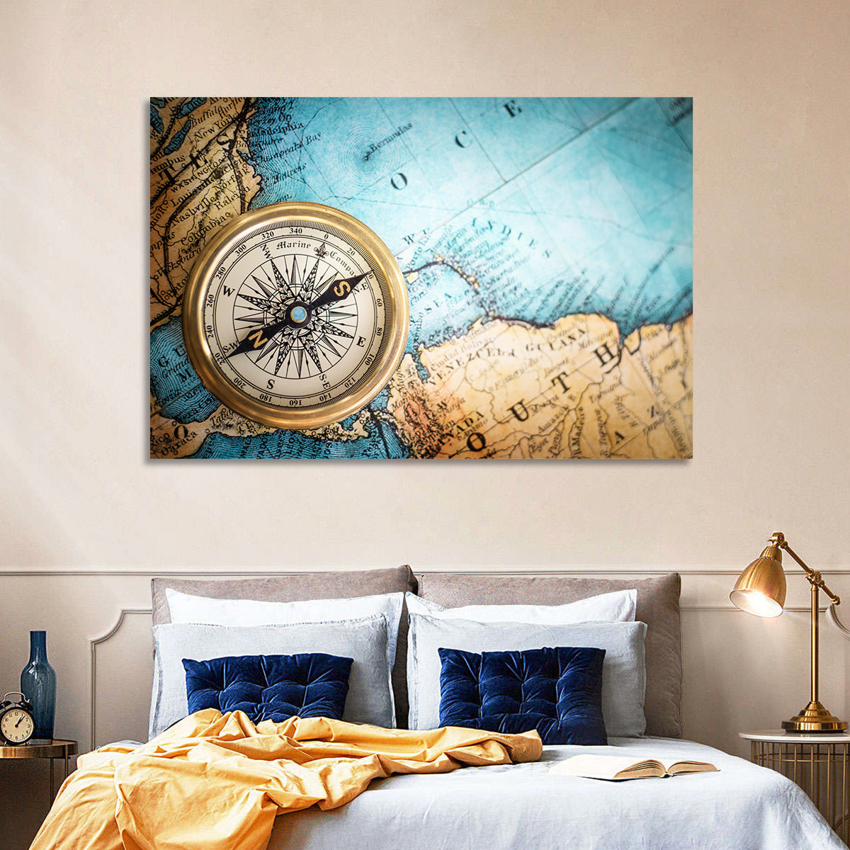 Vintage Compass Over Atlantic Map Wall Art in a room, landscape