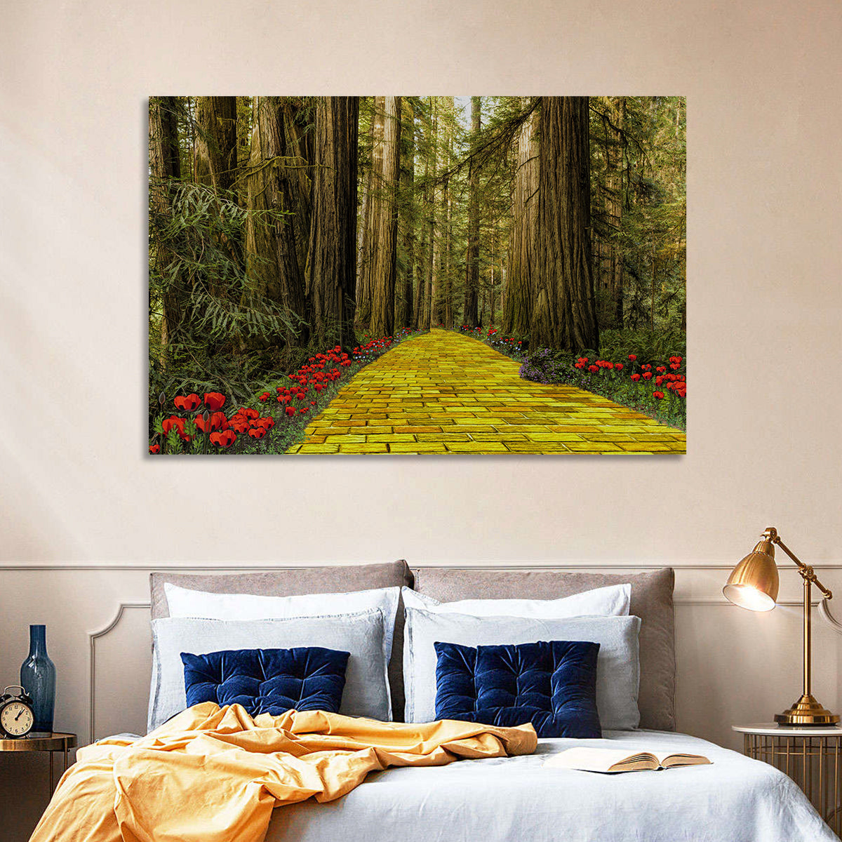 Yellow Brick Path Through Redwoods Wall Art in a room, landscape