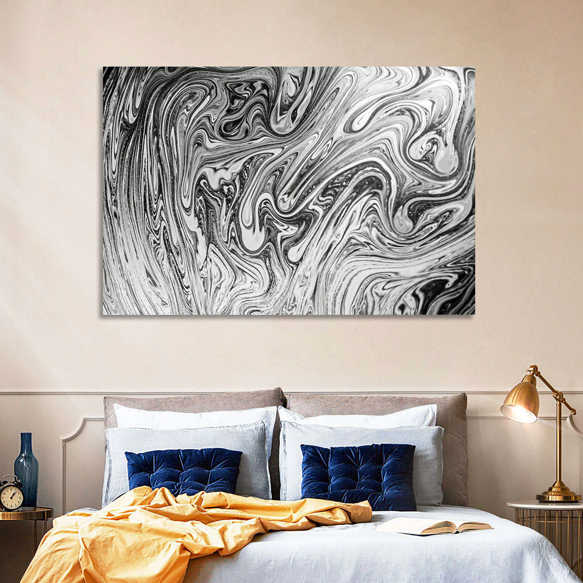 Ink Swirl Monochrome Abstract Wall Art in a room, landscape