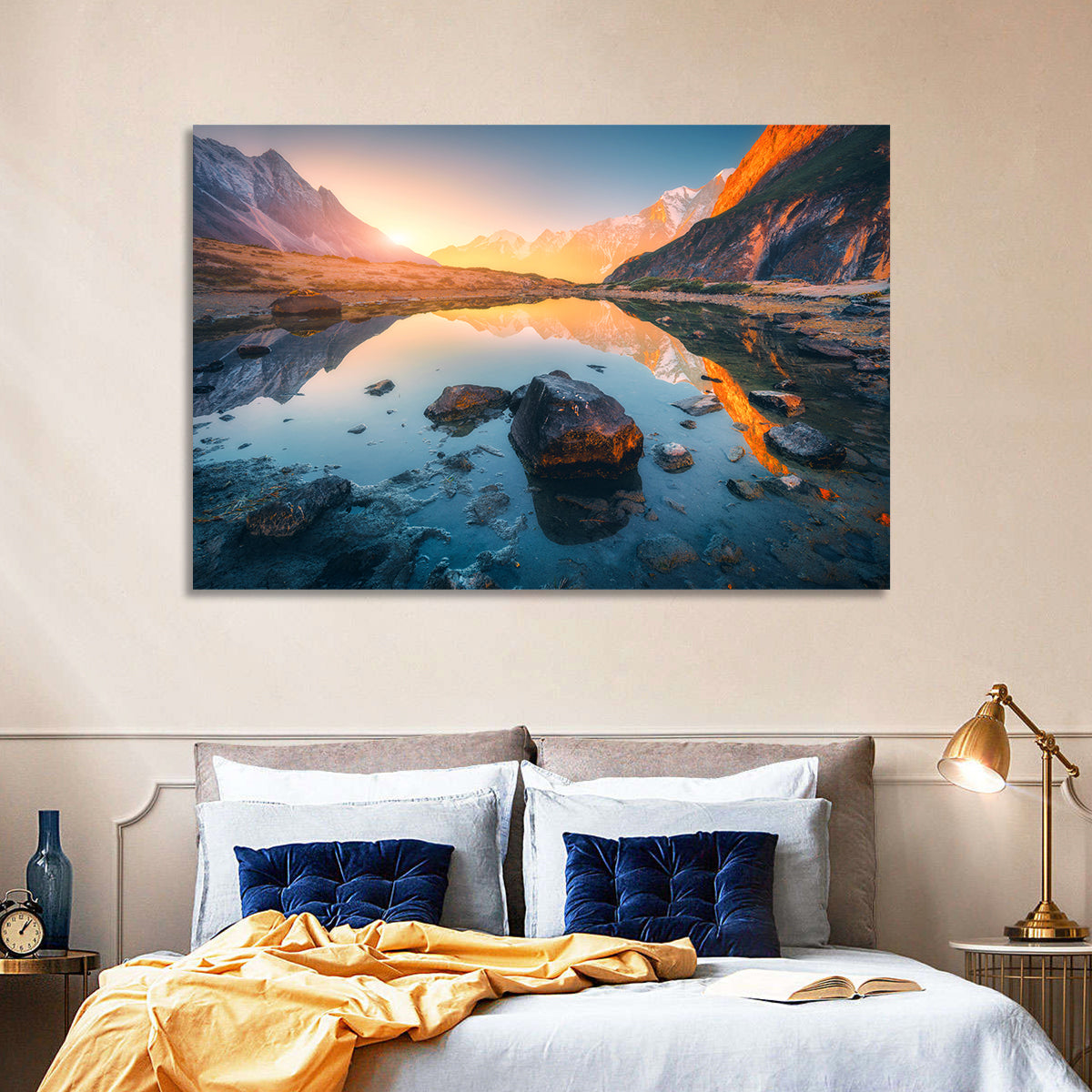 Himalayan Lake Reflections Wall Art in a room, landscape