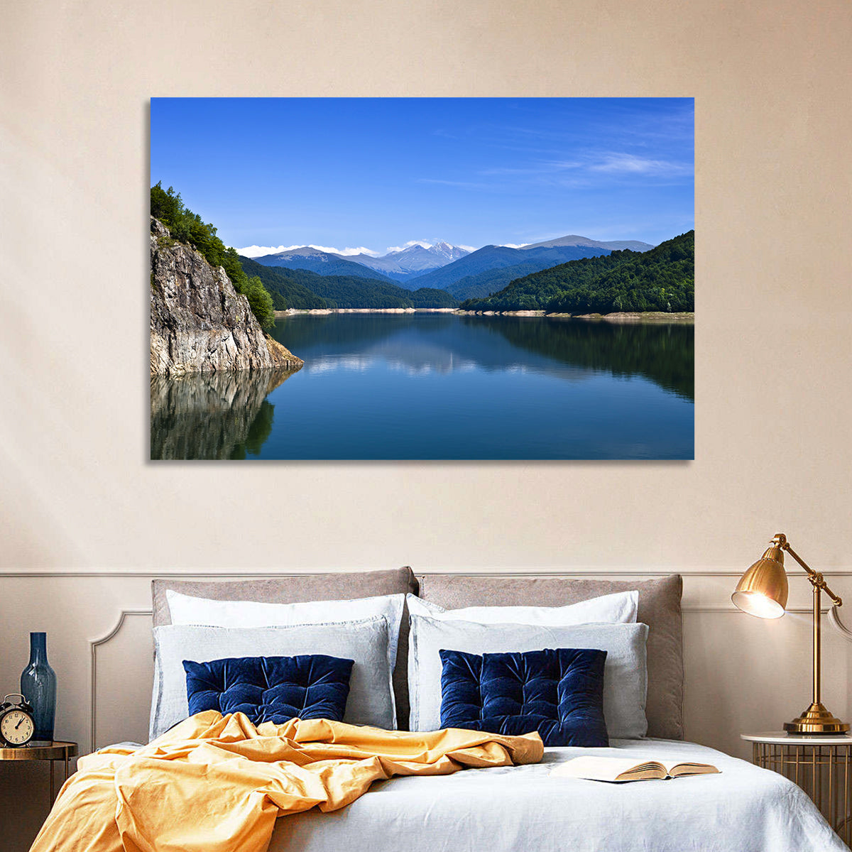Cliffside Mountain Lake Reflection Wall Art in a room, landscape