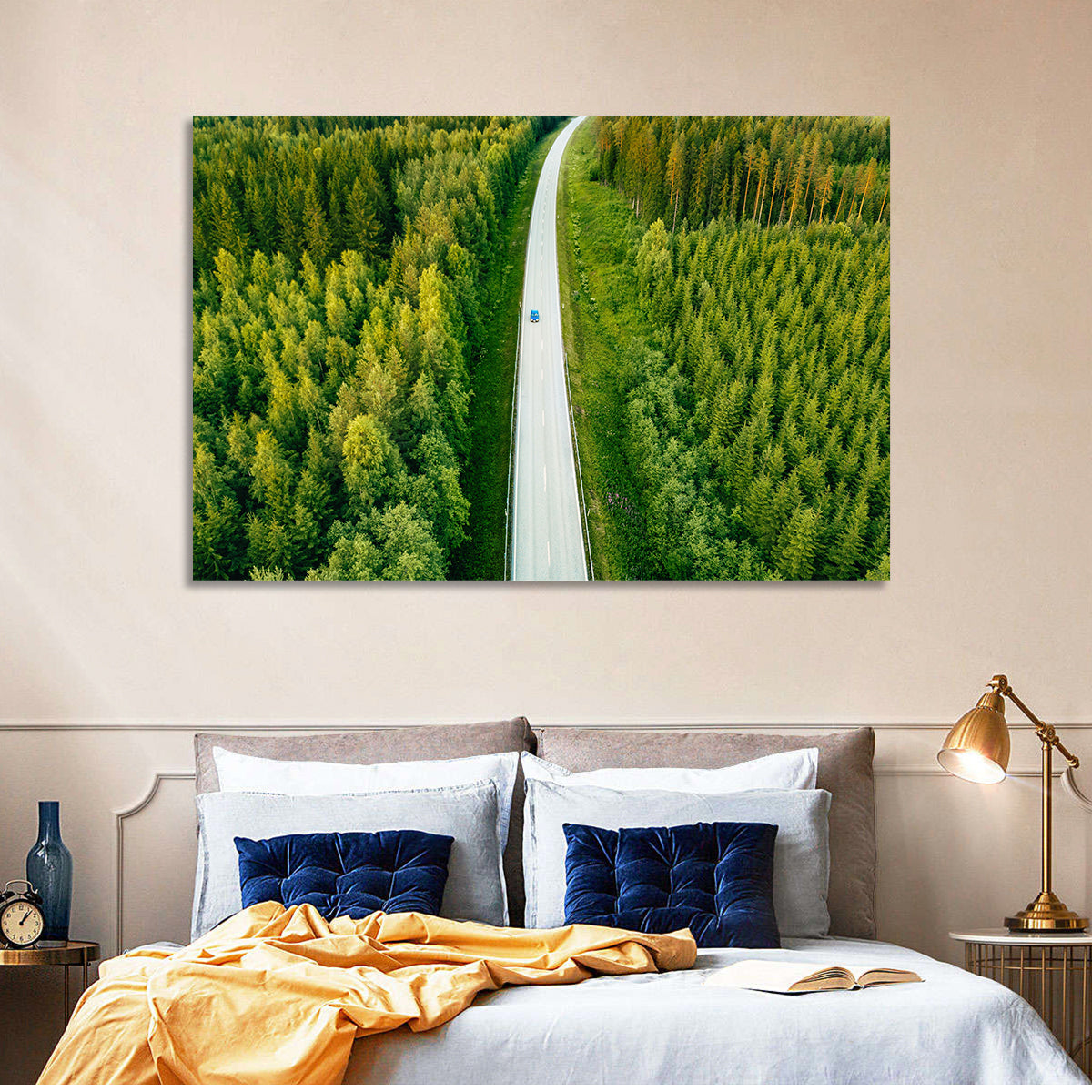 Blue Car on Forest Road Wall Art in a room, landscape