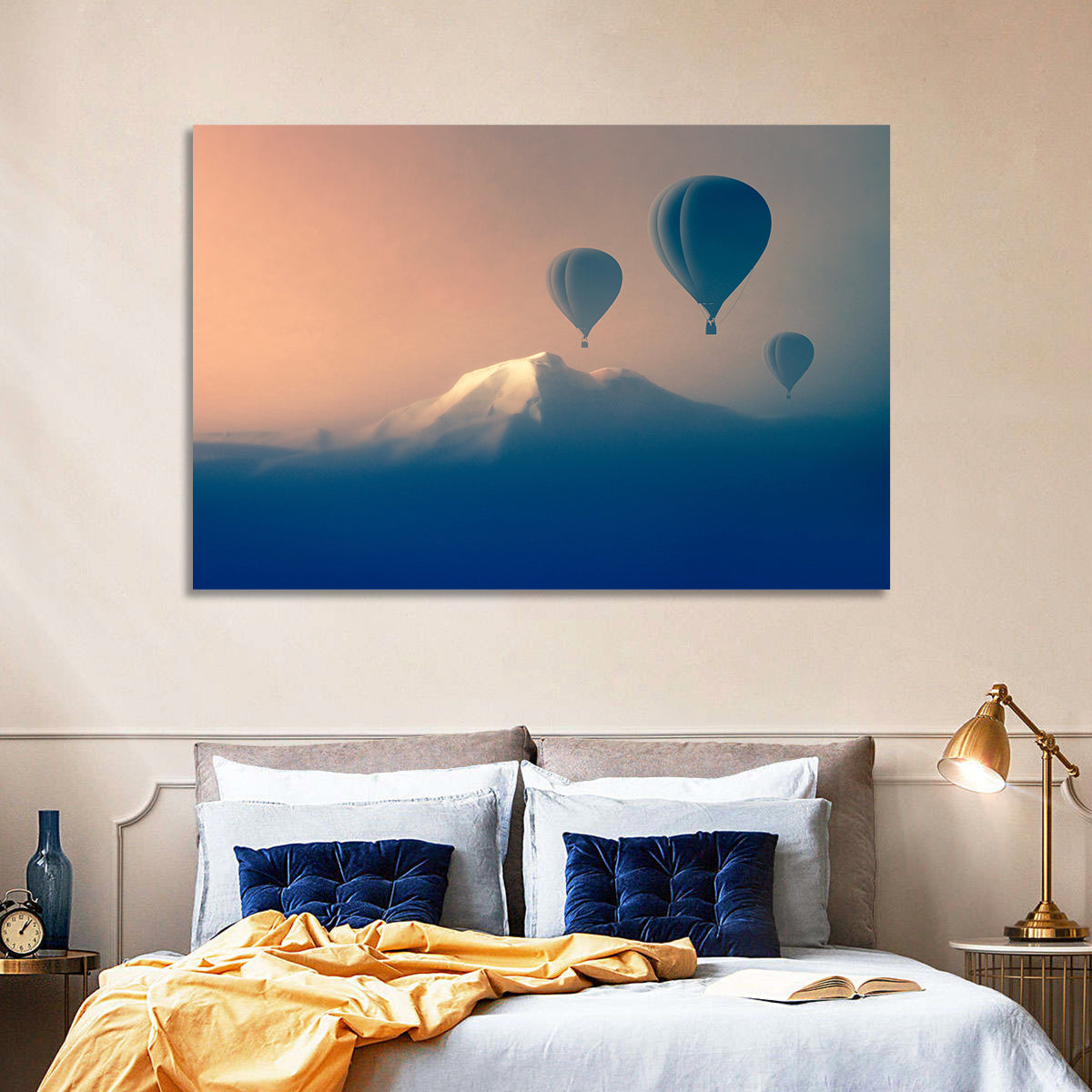 Three Hot Air Balloons Over Misty Peak Wall Art in a room, landscape