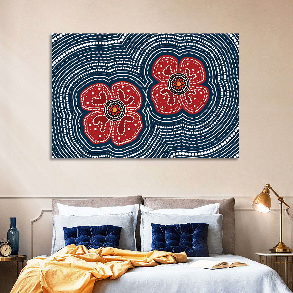 Aboriginal Poppy Duo Wall Art in a room, landscape