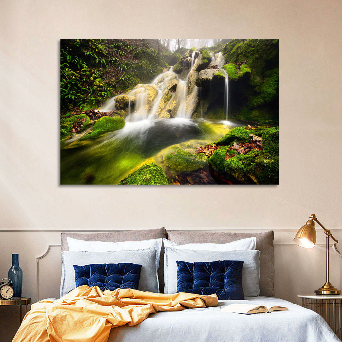 Cheile Nerei Mossy Waterfall Wall Art in a room, landscape