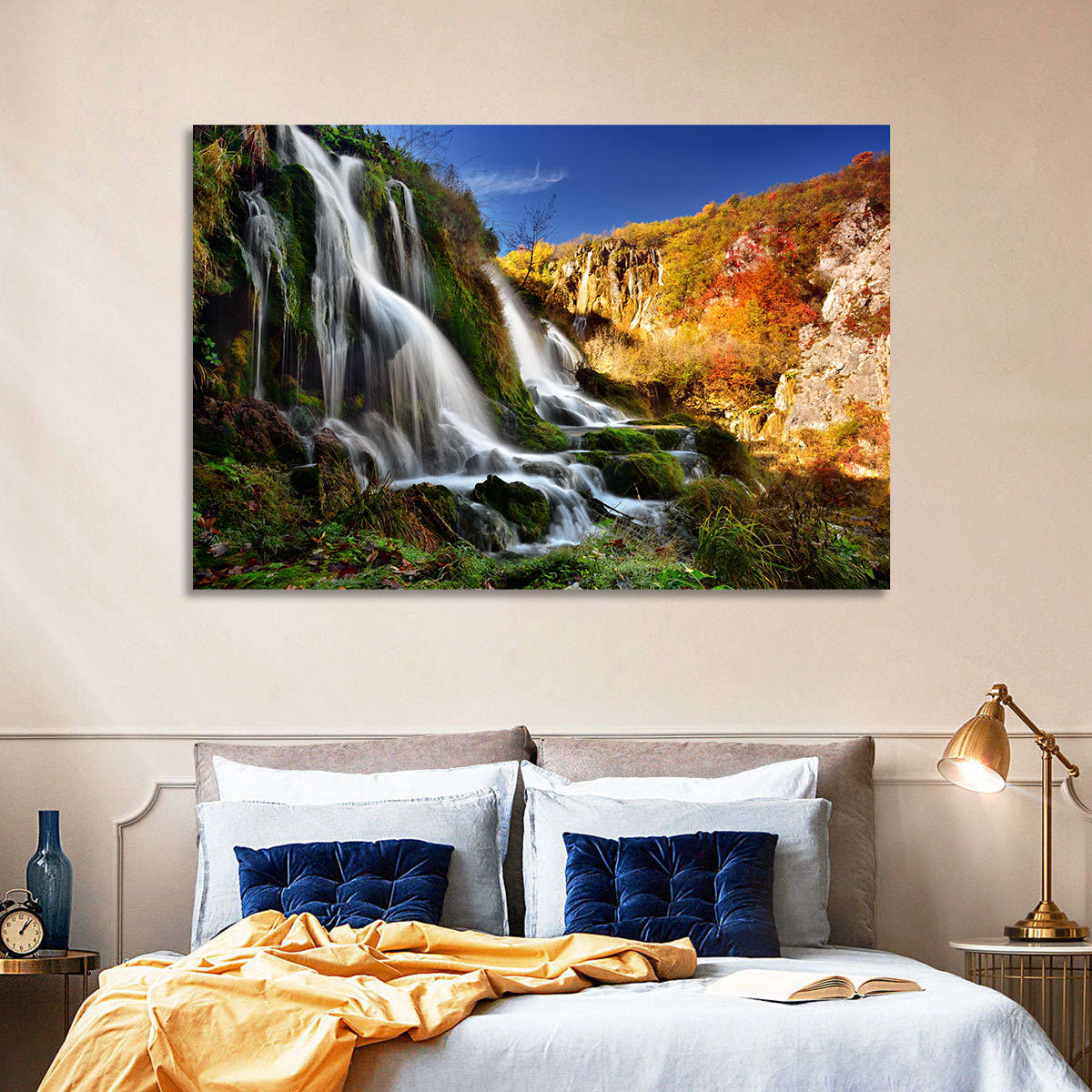 Plitvice Lakes Waterfall Wall Art in a room, landscape