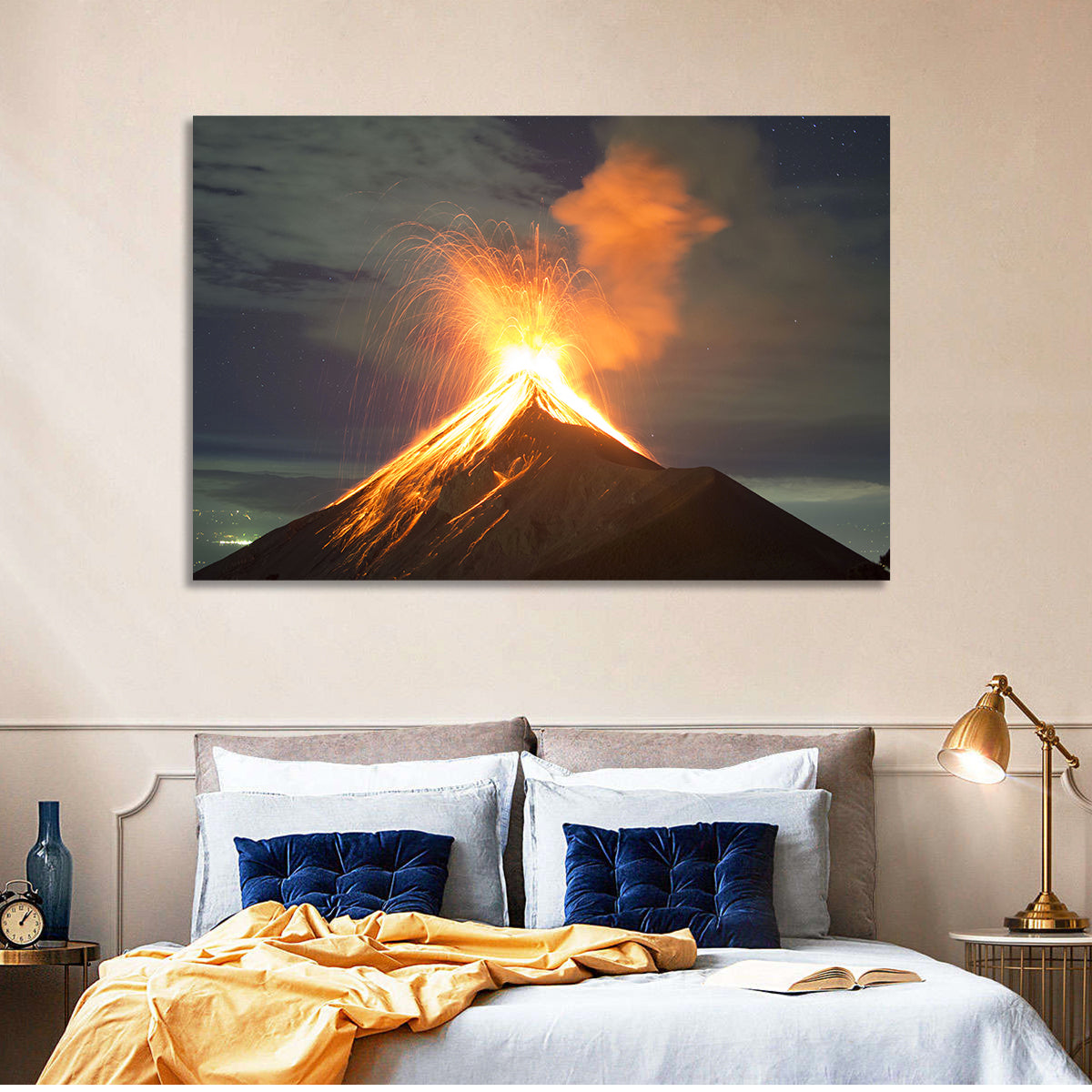 Starry Night Volcano Eruption Wall Art in a room, landscape