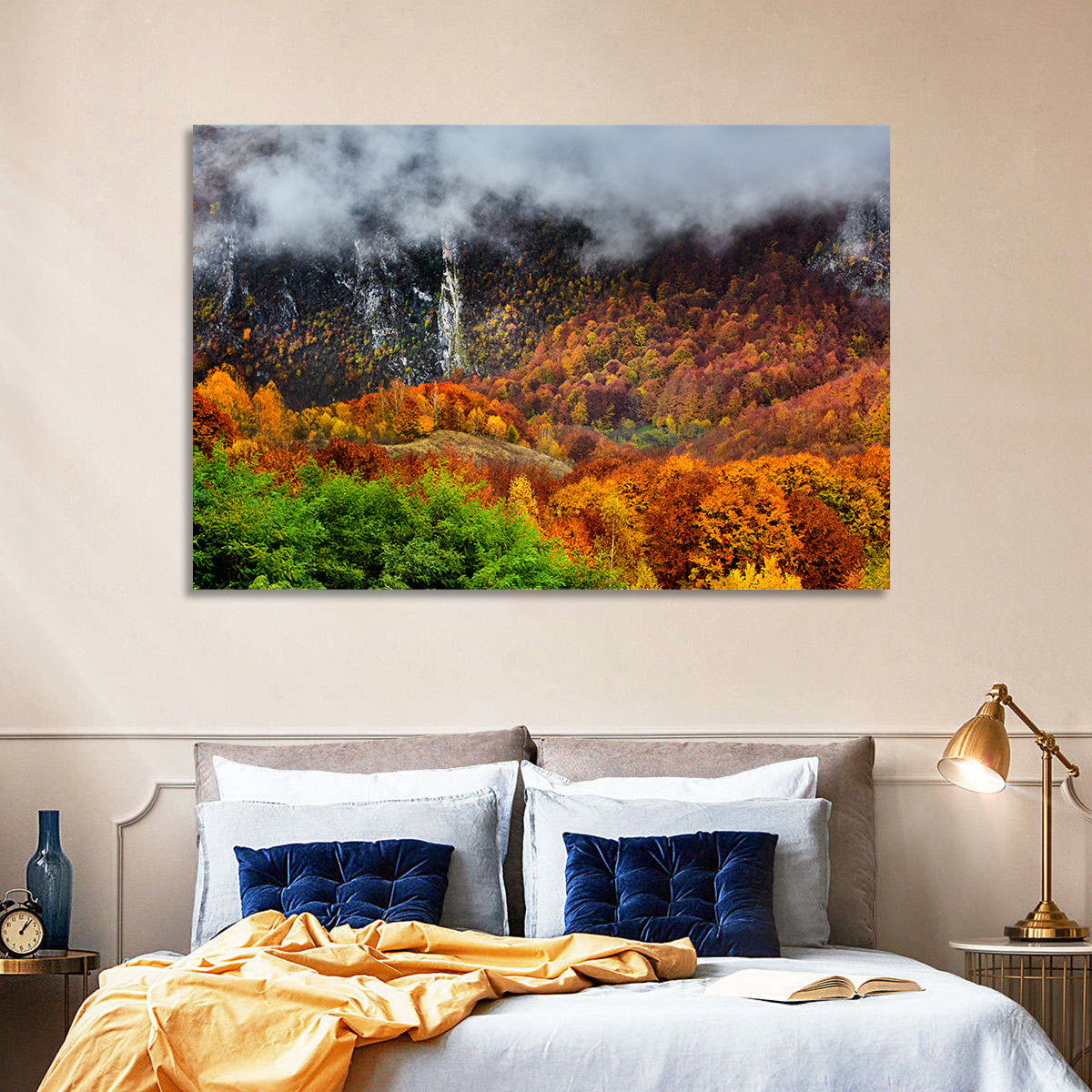 Misty Carpathian Autumn Wall Art in a room, landscape