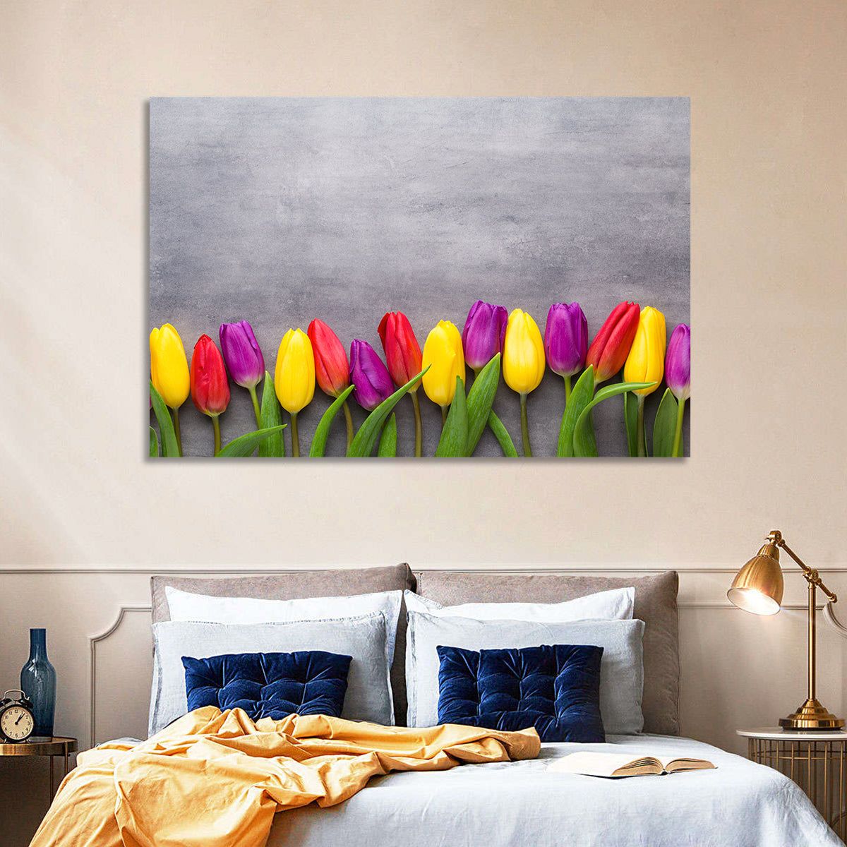 Row of Multicolored Tulips Wall Art in a room, landscape