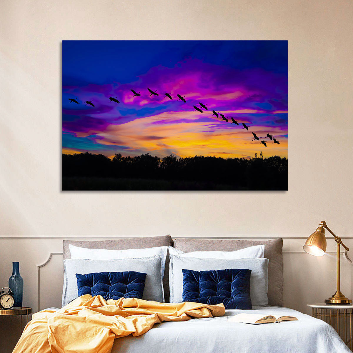 Silhouetted Cranes at Dusk Wall Art in a room, landscape
