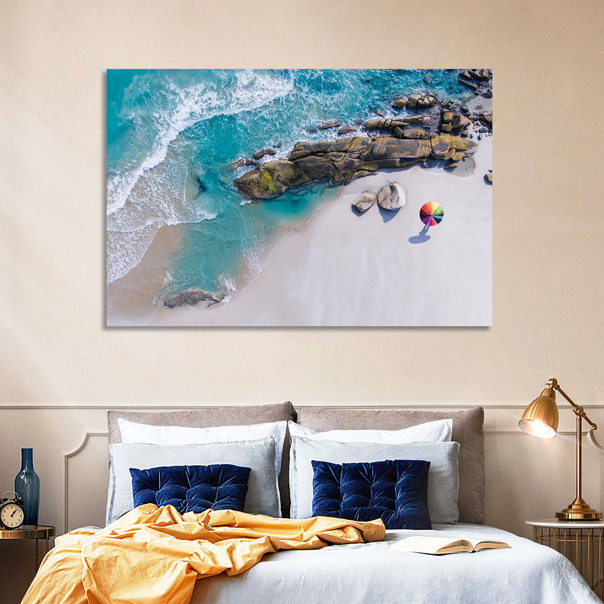 Aerial Beach with Rainbow Umbrella Wall Art in a room, landscape