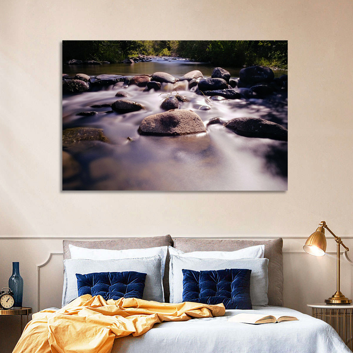 Truckee River Sunlit Rocks Wall Art in a room, landscape