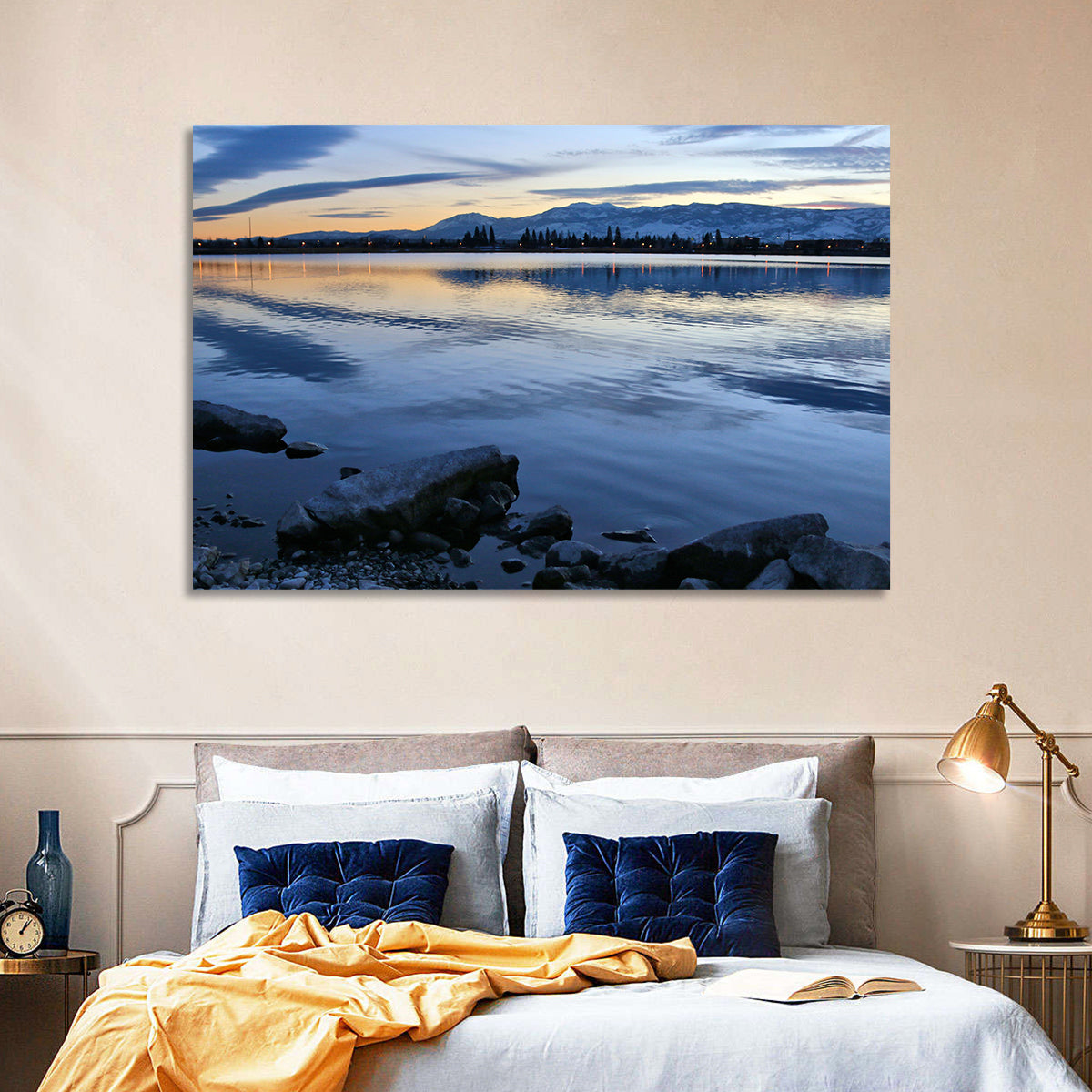 Sparks Marina Twilight Reflection Wall Art in a room, landscape