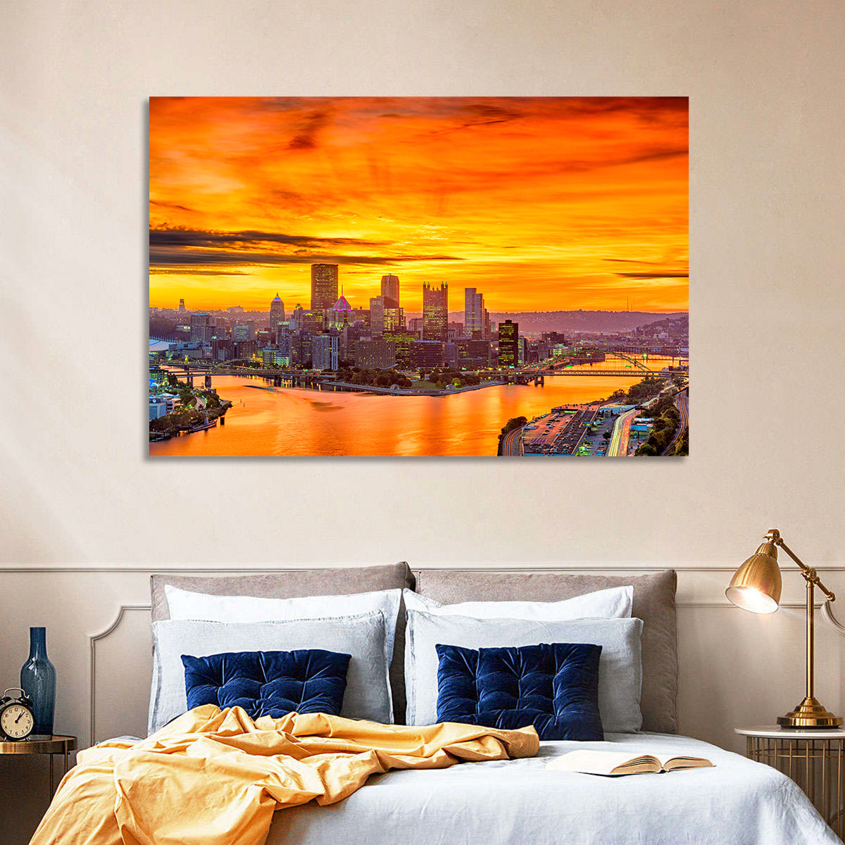 Pittsburgh Skyline at the Point Wall Art in a room, landscape
