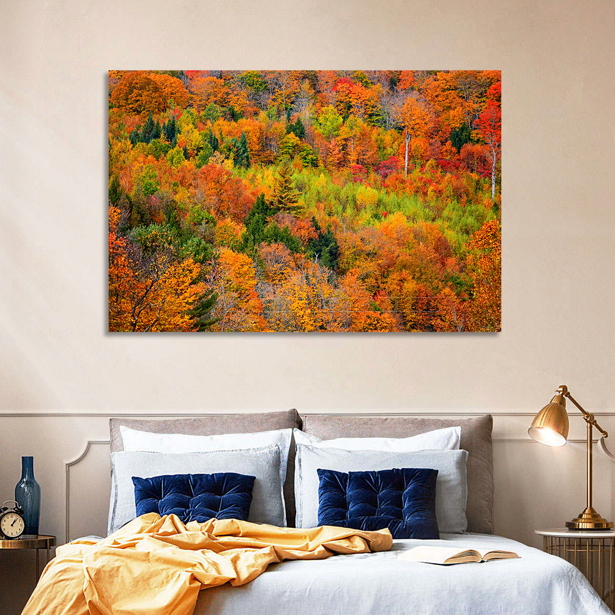 Vermont Autumn Mountain Forest Wall Art in a room, landscape
