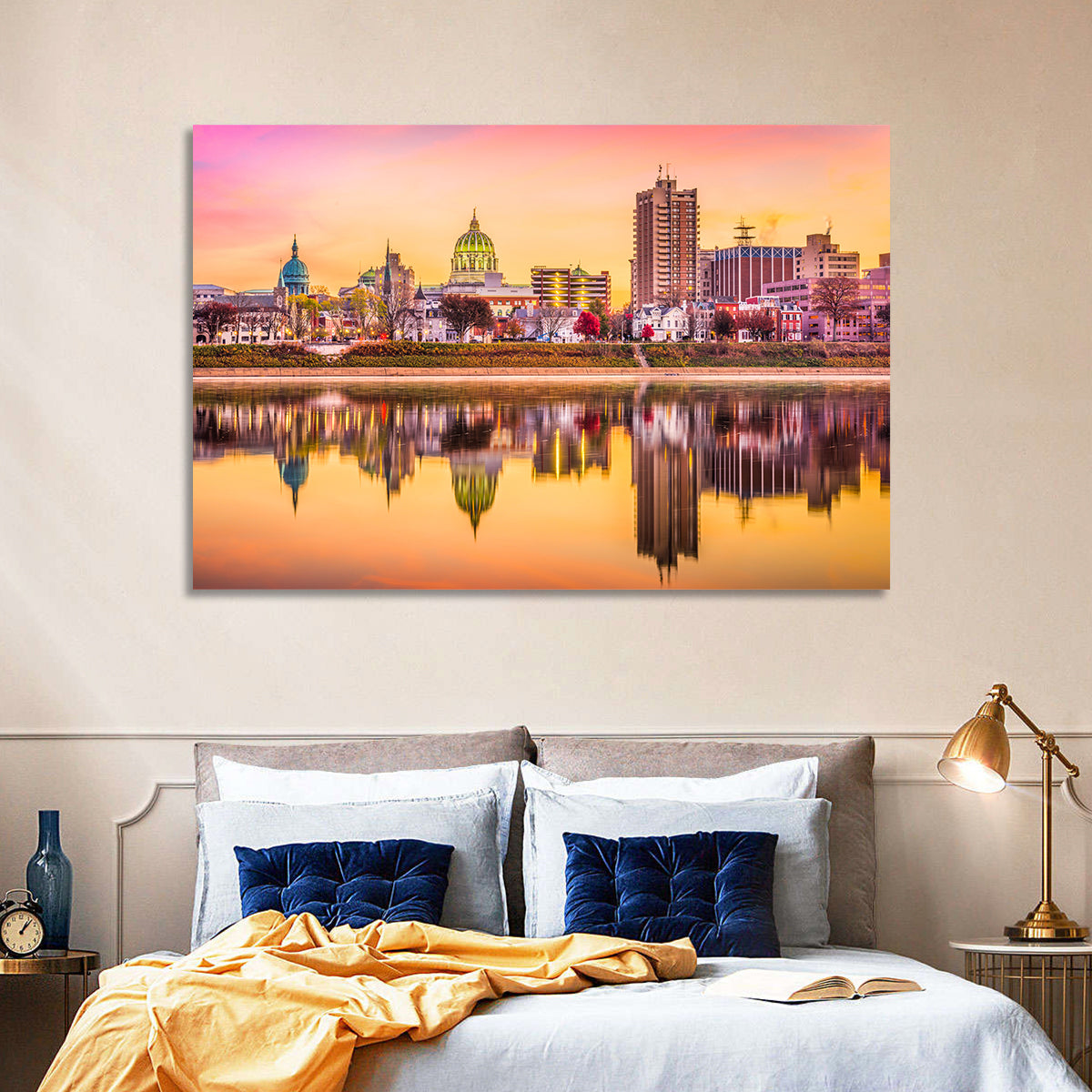 Harrisburg Golden Hour Skyline Wall Art in a room, landscape