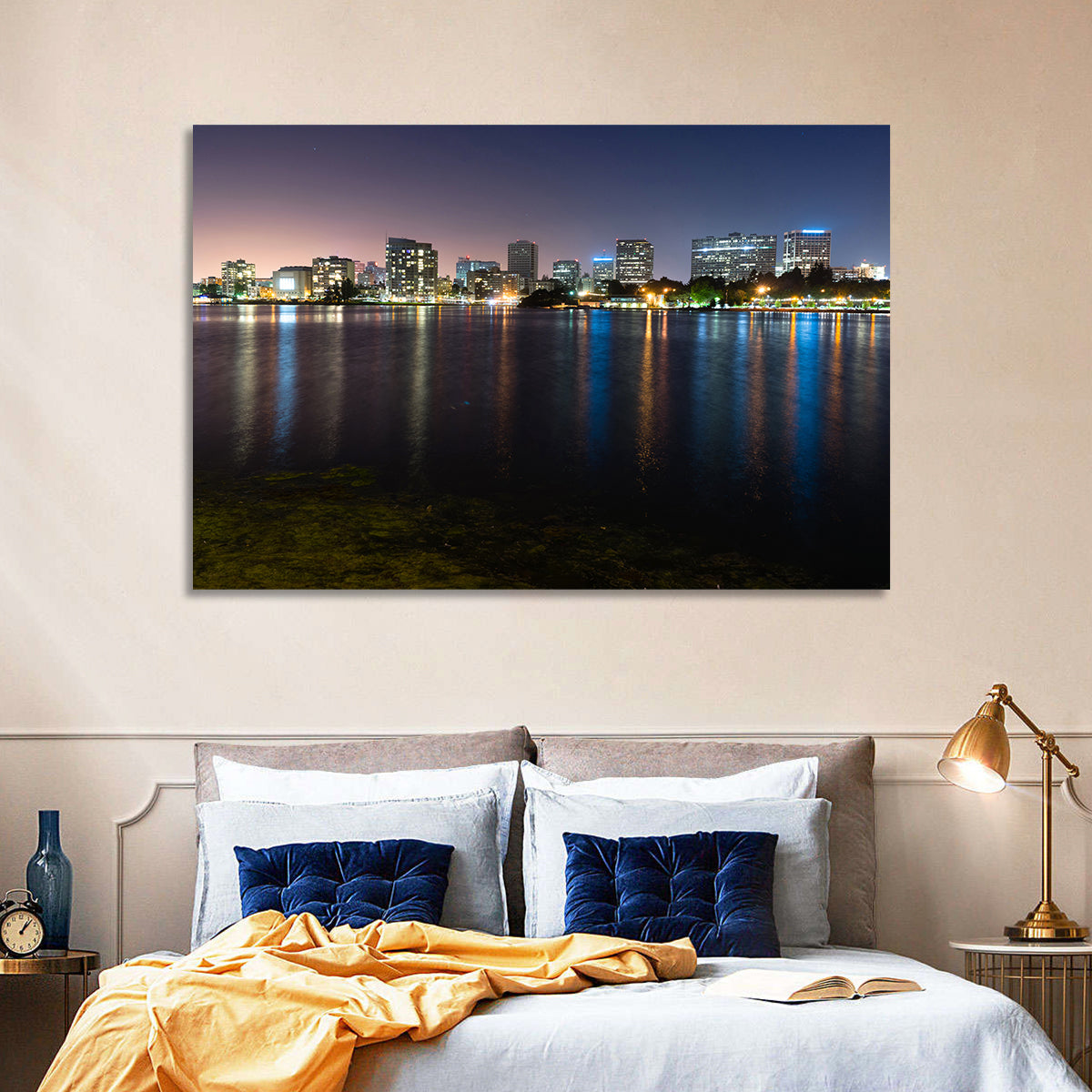 Oakland Skyline Over Lake Merritt Wall Art in a room, landscape