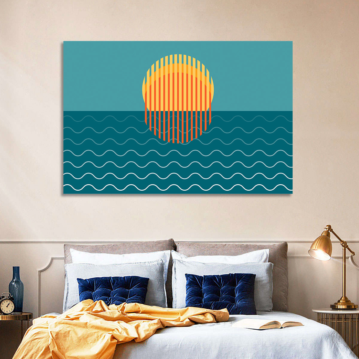 Teal Ocean Sunset Illustration Wall Art