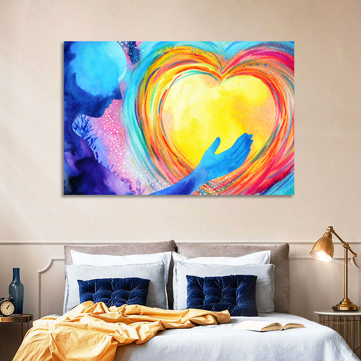 Blue Silhouette with Radiant Heart Wall Art in a room, landscape