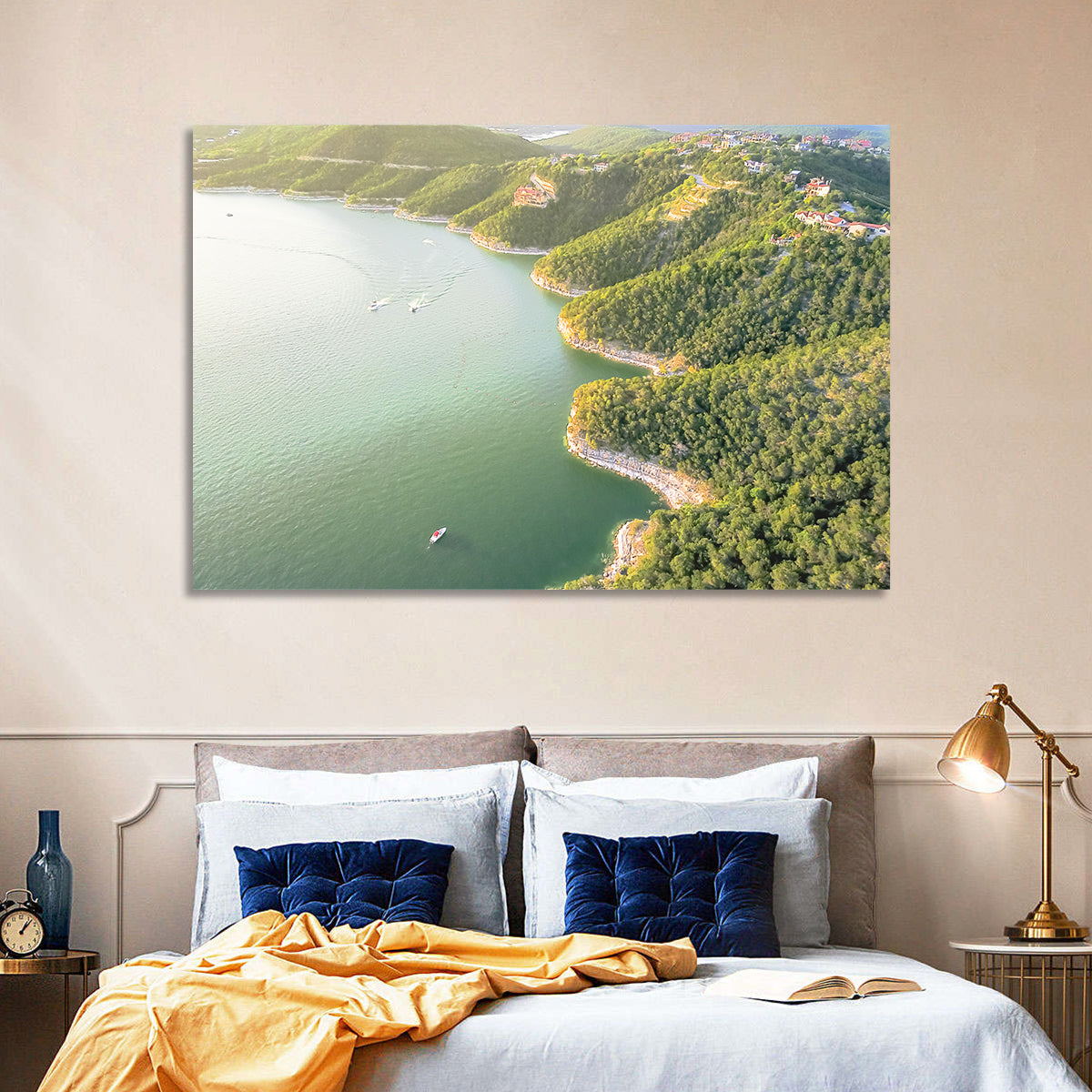 Lake Travis Aerial View Wall Art in a room, landscape