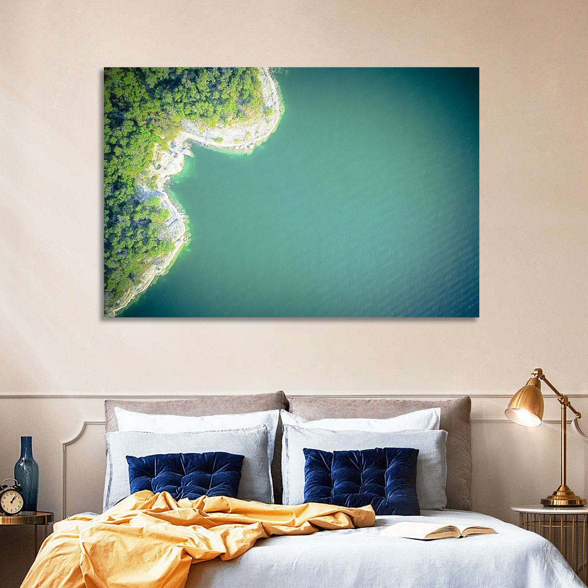 L-shaped Coastline Over Teal Lake Wall Art in a room, landscape