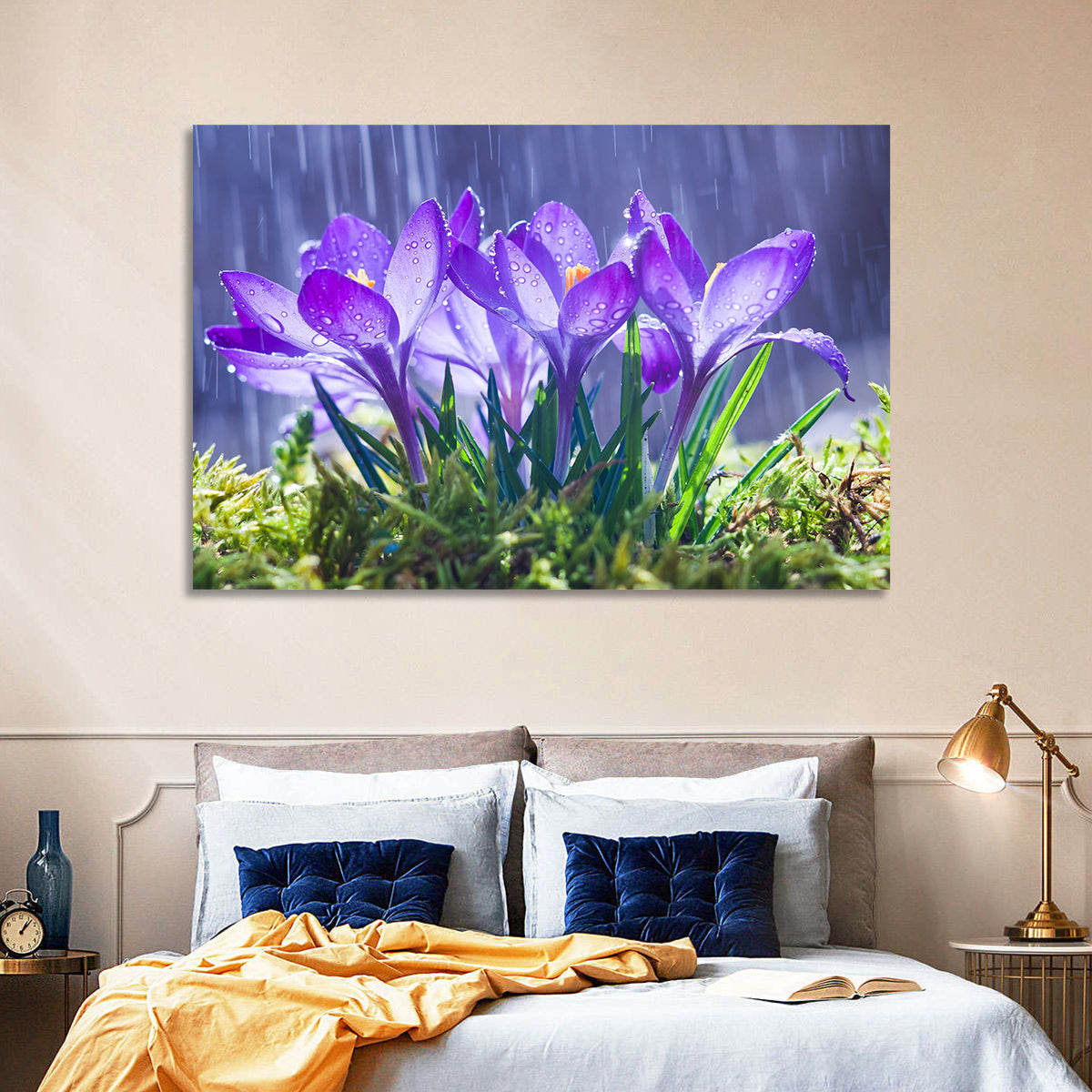 Rainy Purple Crocuses Wall Art in a room, landscape