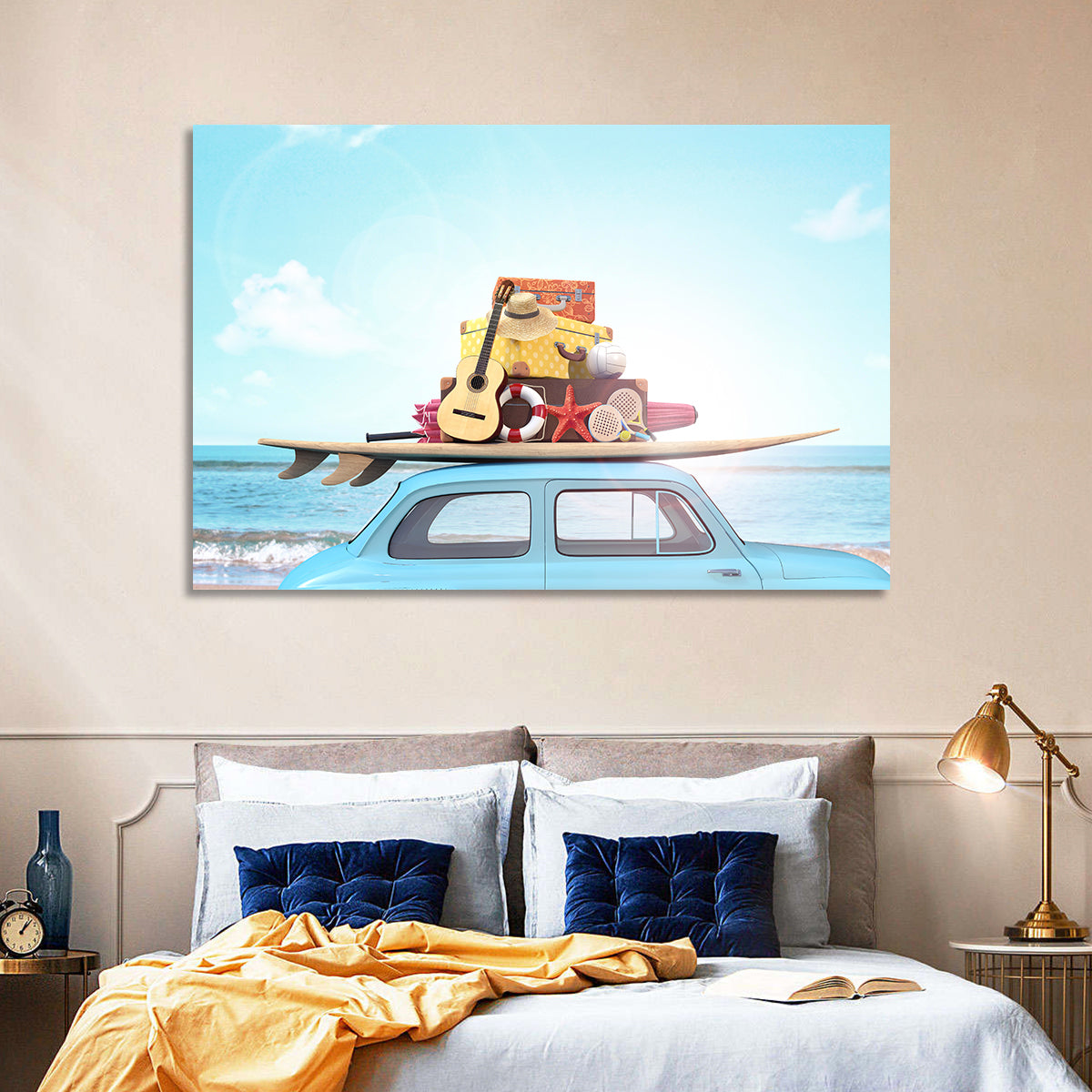 Vintage Car with Surfboard Wall Art